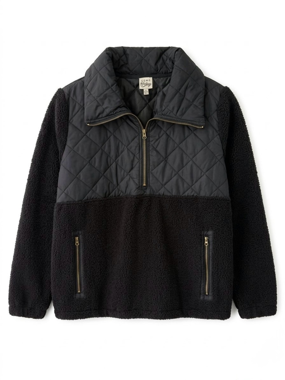 Como Vintage Black Quilted Mixed Media Sherpa Fleece Pullover XL Cabincore Cozy